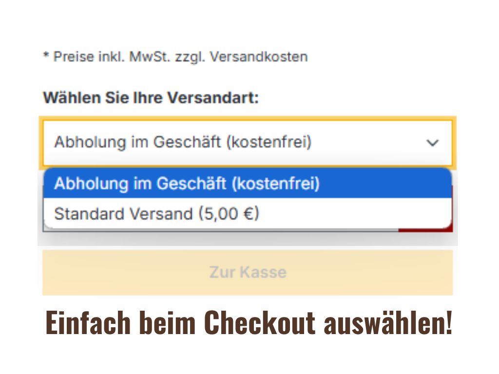 Screenshot zeigt Auswahl der Option Abholung im Geschäft (keine Kosten)