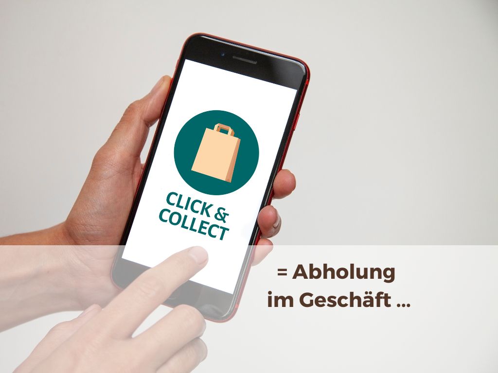 Hände zeigen Handy auf dem Symbol zu Click&Collect zu sehen ist